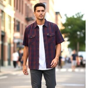 Dixxon Flannel Paramount SS Bamboo Plaid Shirt Red Navy Blue Mens XL.